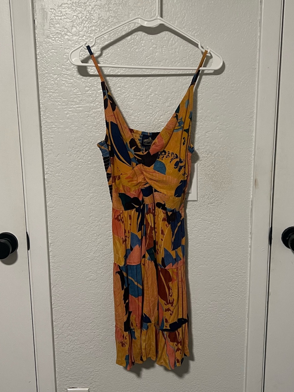 Angie Mustard Mini Dress with Blue and Pink Floral Pattern